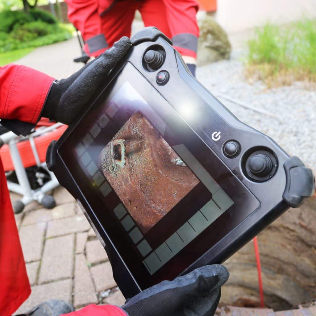 tech using a high tech camera to inspect pipes