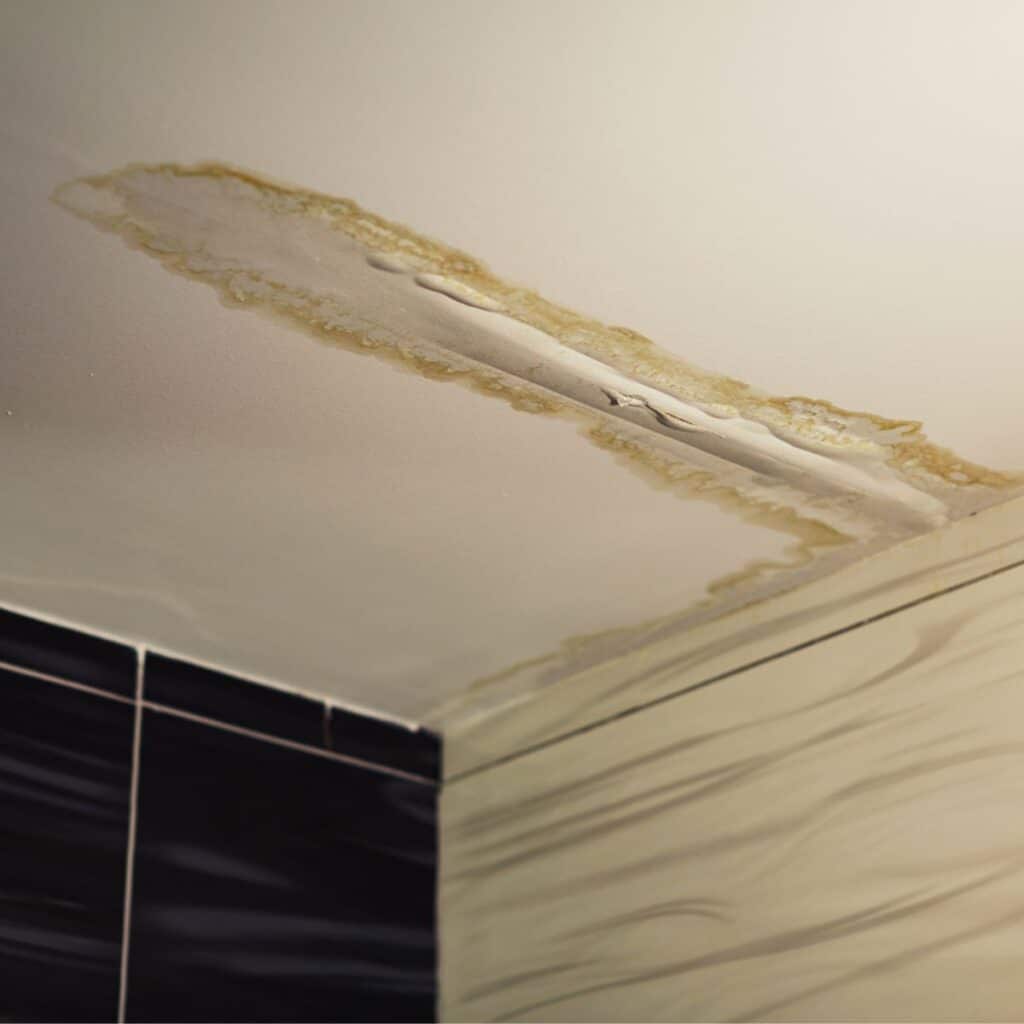a roof in a bathroom bubbling up due to a leak in the ceiling